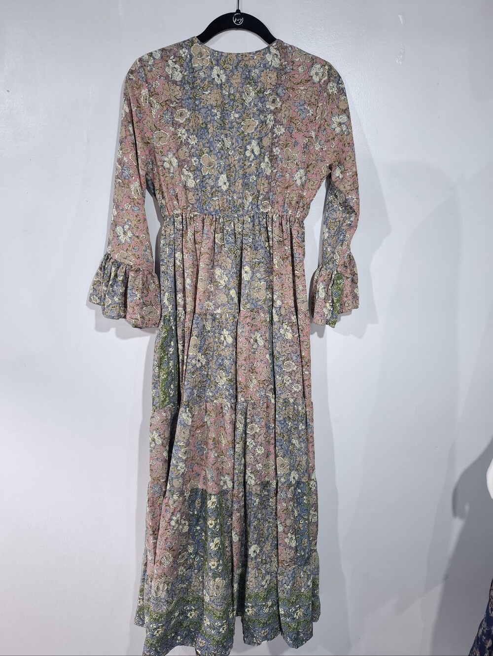 Boemo Lace-Up Tassel Maxi Dress Floral Multi Print S Cottagecore Paisant Layered - Picture 8 of 13